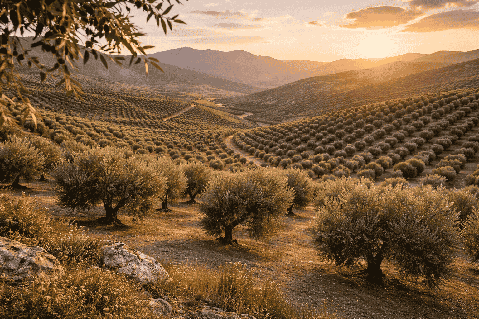 Olivares de Jaén junto a la puesta de sol